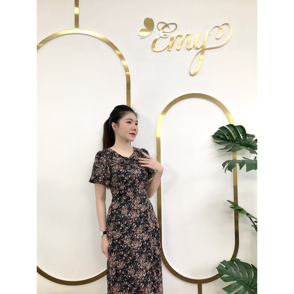 Váy EMY EM9155 Trung Niên Dự Tiệc Xòe Hoa Tay Bí Có Túi