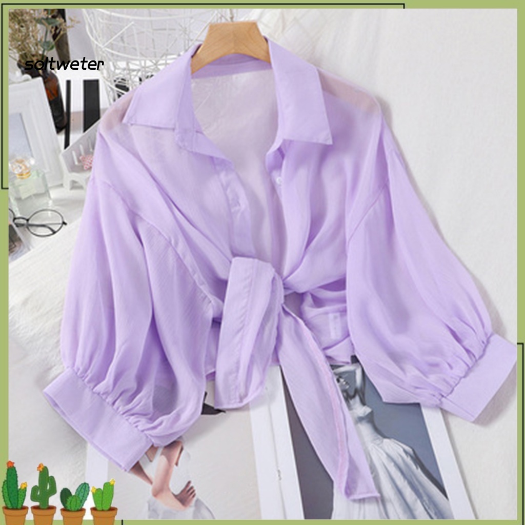 Áo Sơ Mi Mùa Hè Thắt Nút Màu Sắc Trơn Thoáng Khí Cho Nữ