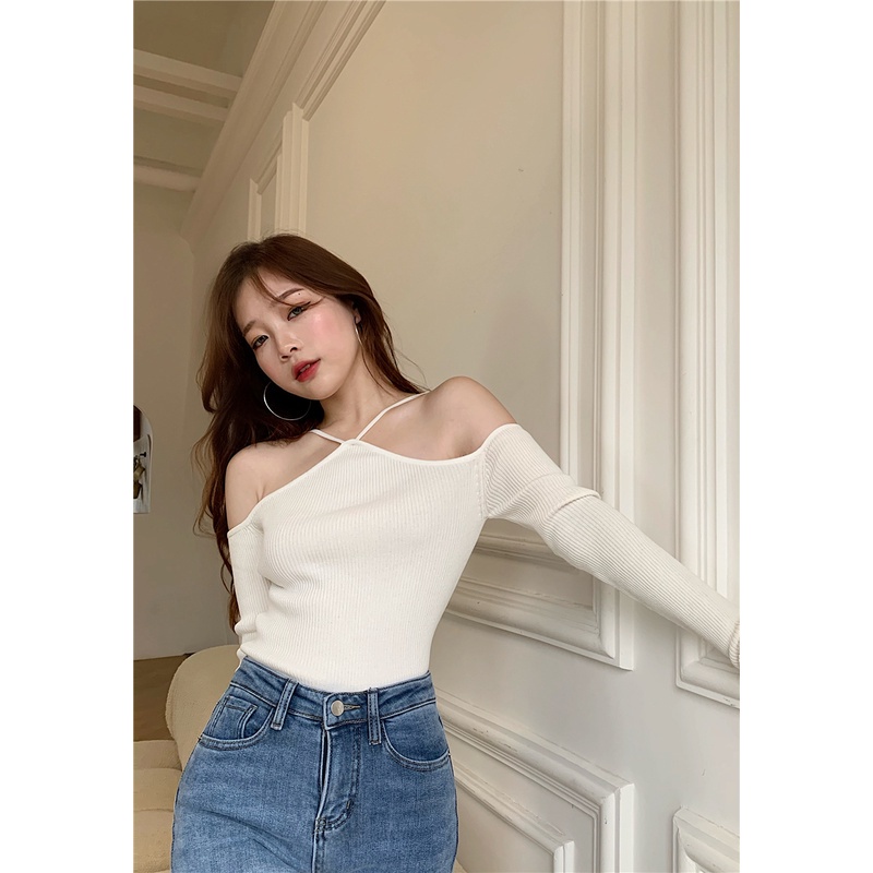 Áo trễ vai dệt kim QKOOLE màu trơn phong cách Hàn Quốc dành cho nữ