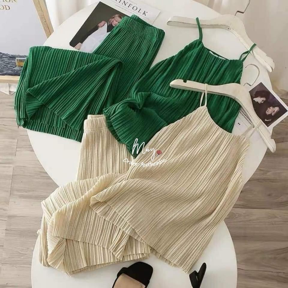 BÁN SỈ BỘ XẾP LI 2 DÂY QUẦN DÀI 2 MÀU CHO NỮ