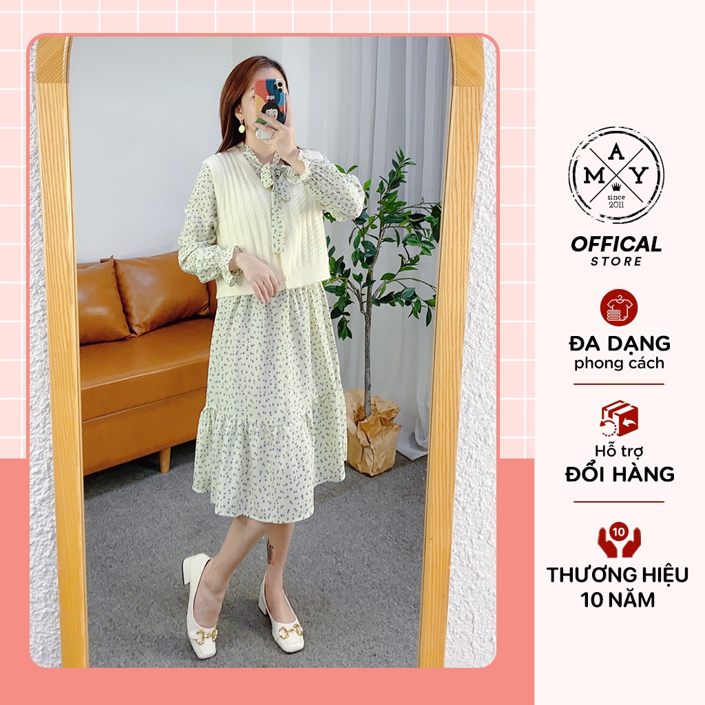 Váy Hoa Nhí Tặng Kèm Áo Gile Len MAY.SINCE201, Set Váy Áo Gile Hàn Quốc Freesize MAN01-0083
