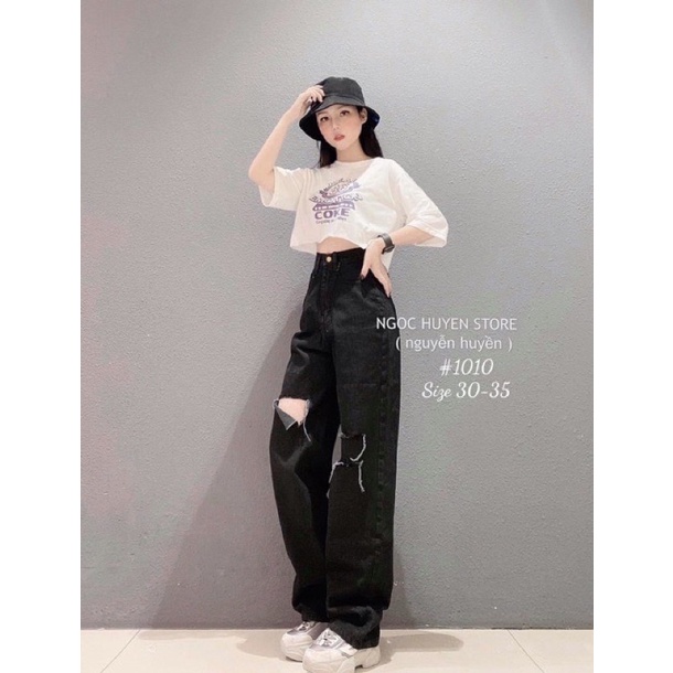 Quần Baggy Nữ Lưng Cao Bigsize Rách Nhiều Kiểu Màu Đen Thời Trang Cá Tính
