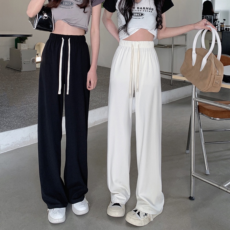 Quần Dài Thể Thao Lưng Cao Ống Rộng Phối Dây Rút Thời Trang Năng Động Cho Nữ