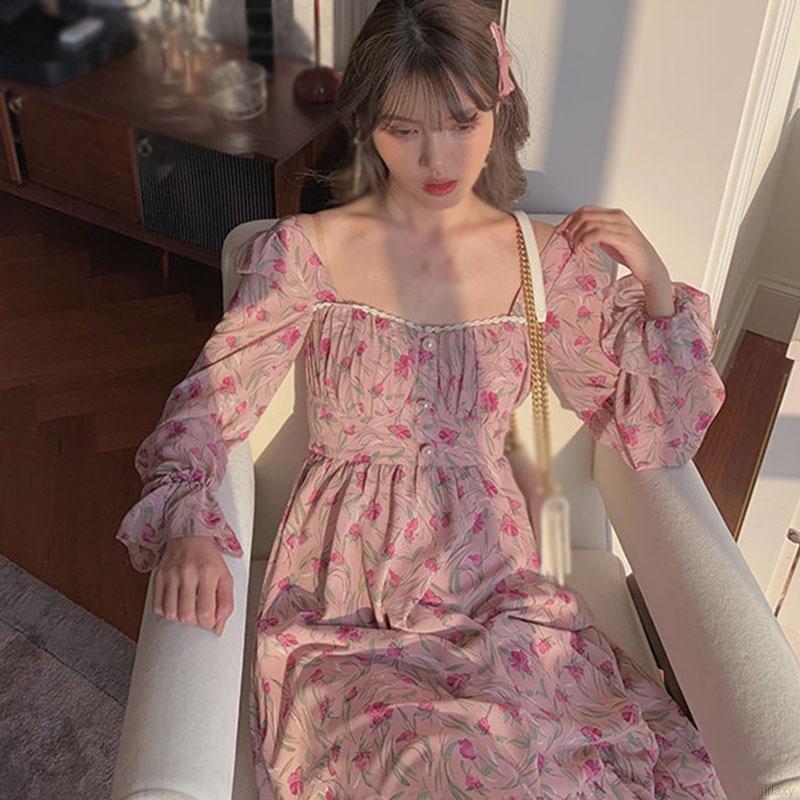 Đầm tay dài cổ vuông họa tiết hoa phối nút thời trang thanh lịch cho nữ | BigBuy360 - bigbuy360.vn