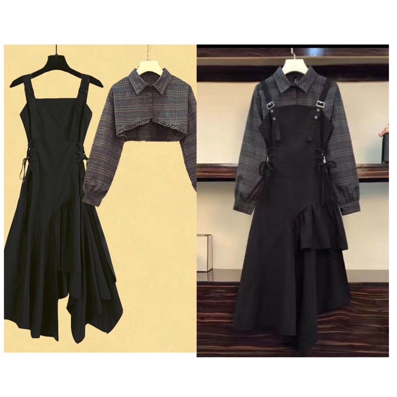 Set hai món áo croptop mix váy dây