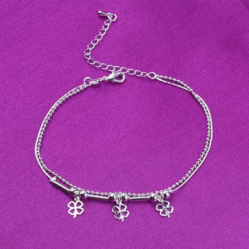 Lắc Chân Lucky Clover Beads Silver Anklet Flower Double Layers Foot Jewelry Ankle Chain Gift | WebRaoVat - webraovat.net.vn