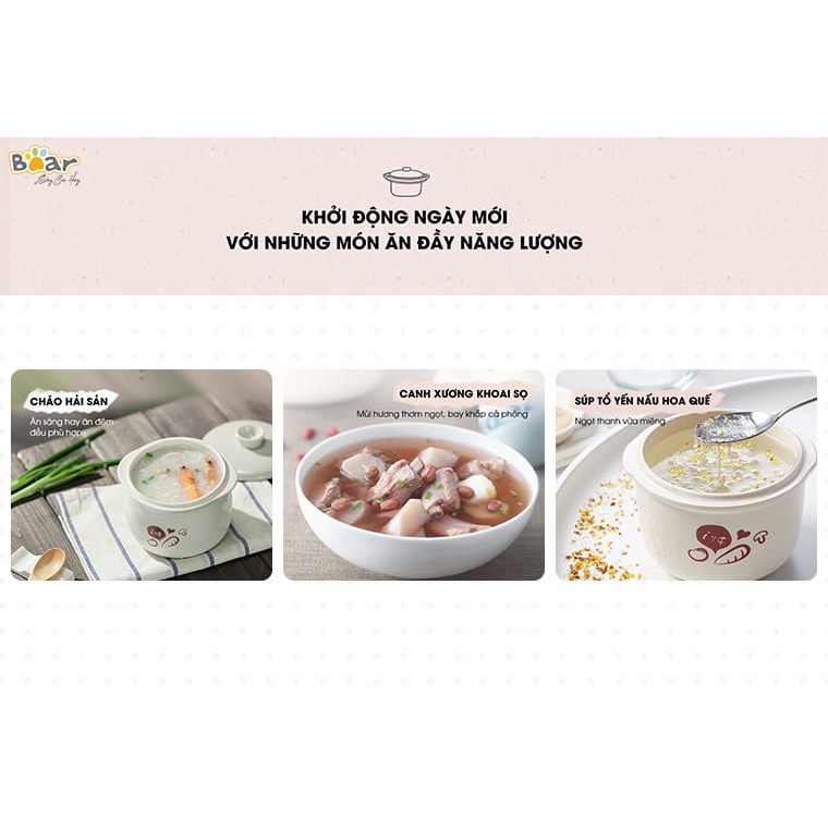 Nồi nấu cháo chậm hầm cháo ninh Bear 0.8L Sube001 ủ hấp rau củ quả đa năng cho bé, lõi bằng gốm cao cấp giữ nhiệt lâu