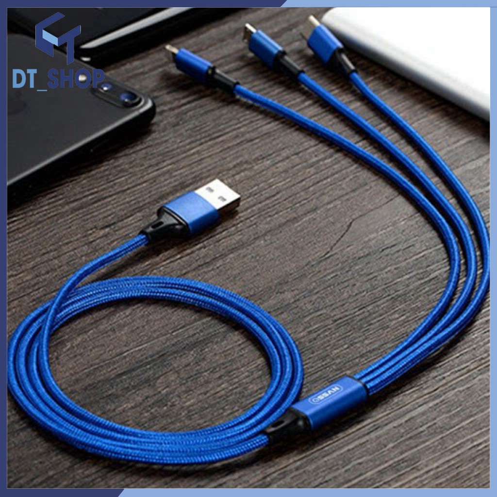 Cáp sạc nam châm 3 đầu DTSHOP dây sac lightning iphone sam sung tyce c 360 độ chất liệu dây dù có đèn led cao cấp