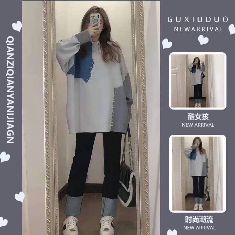 Áo len dáng rộng style Hàn Quốc hoạ tiết chắp vá