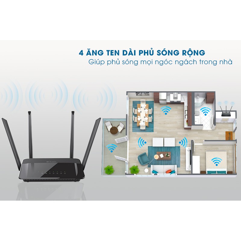 Bộ phát Wifi D-Link DIR-822 Băng tần kép Chuẩn AC1200 - Bảo hành chính hãng 24 tháng