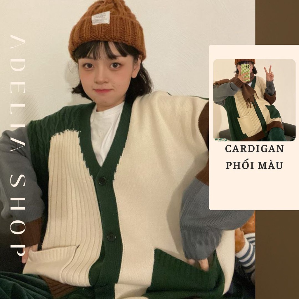 ADELIA | Áo Khoác Len Cardigan Dệt Kim Phối Màu Cổ V Tay Dài Phong Cách Retro Hồng Kông, Áo Len Cardigan Nam Nữ