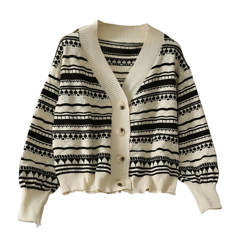 Áo Khoác Cardigan Dệt Kim Tay Dài Dáng Ngắn Họa Tiết Kẻ Sọc Thời Trang Mùa Thu Cho Nữ
