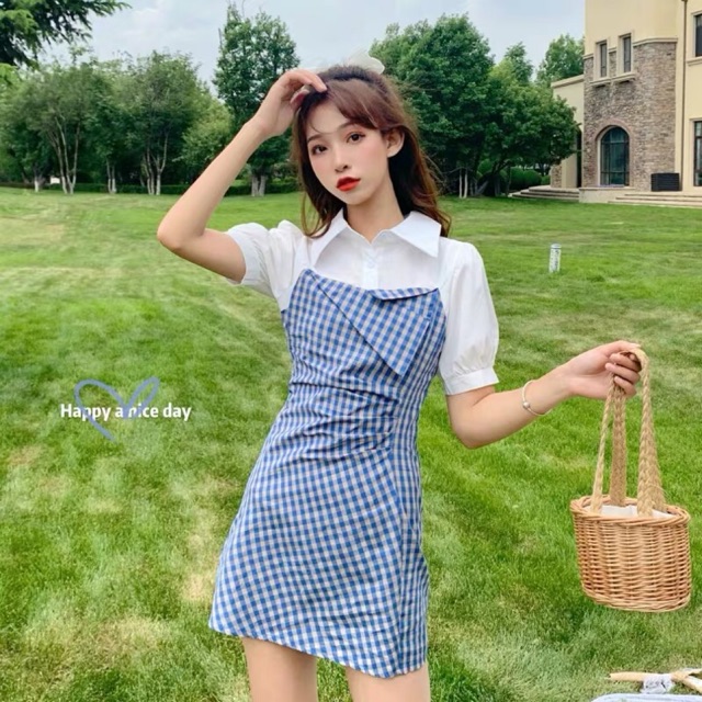 Đầm sơ mi kẻ xanh cổ đức dáng chữ A thiết kế trẻ trung hàng Quảng châu
