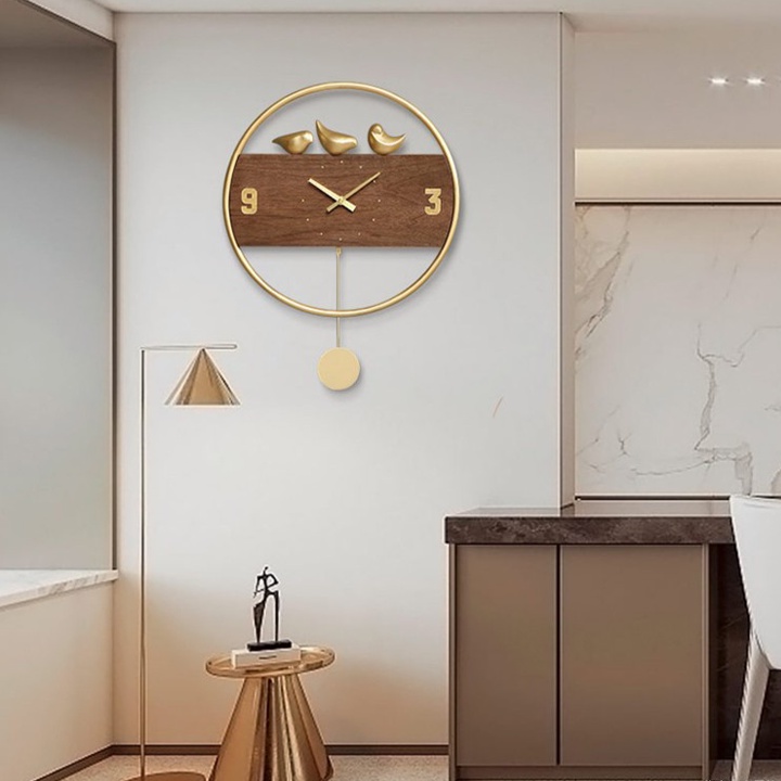 Đồng hồ mặt gỗ khung kim loại thiết kế đơn giản trang trí phòng, đồng hồ treo tường quả lắc  độc lạ 3 chú chim DH0002