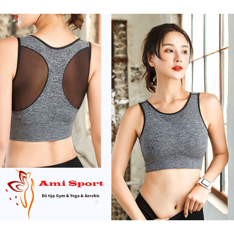 Áo bra tập Gym Yoga Aerobic phối lưới có mút ngực lót trong, mặc tôn dáng, vải co giãn, thấm hút mồ hôi A12