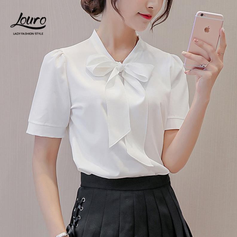 Áo kiểu nữ công sở Louro L315, mẫu áo sơ mi tay ngắn thắt nơ điệu đà, chất liệu mềm mịn thoáng mát không nhăn  ཾ