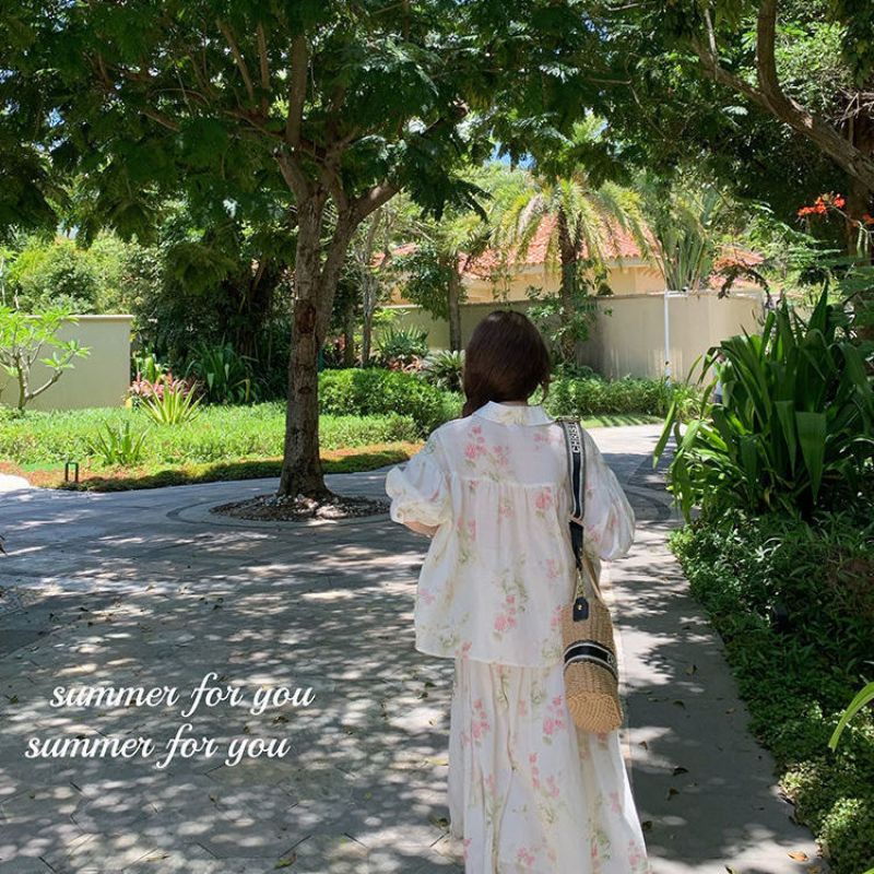 Set áo sơ mi hoa nhí và chân váy xoè dài ulzzang order