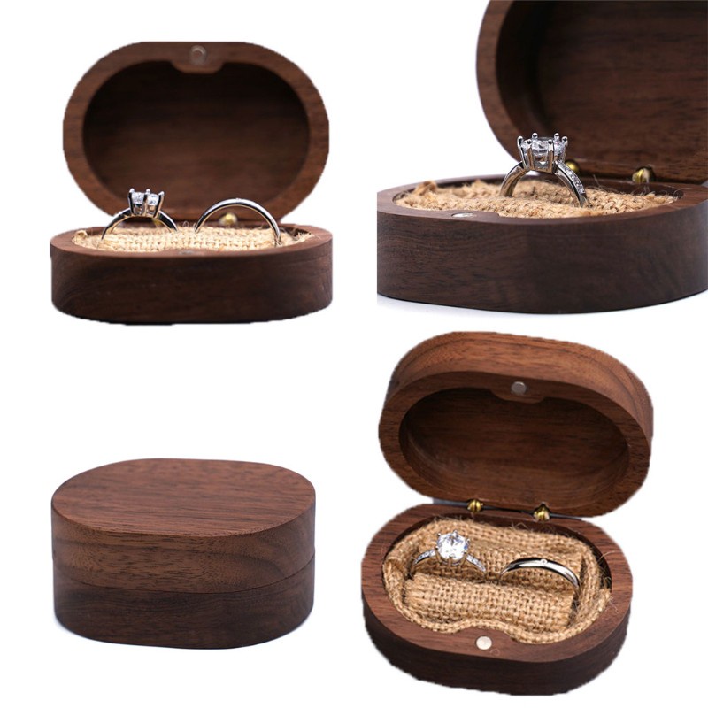 SEL Walnut Wood Jewelry Box Poposal Portable Ring Holder Rustic Wedding Ring Box