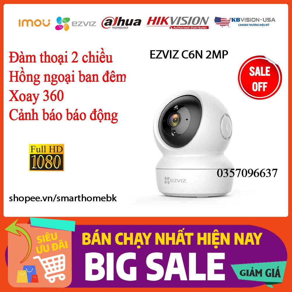 <GIÁ SỐC>Camera IP Wifi EZVIZ C6N 1080P (CS-CV246)-đàm thoại 2 chiều ,quay quet 360-HÀNG CHÍNH HÃNG-BẢO HÀNH 24T