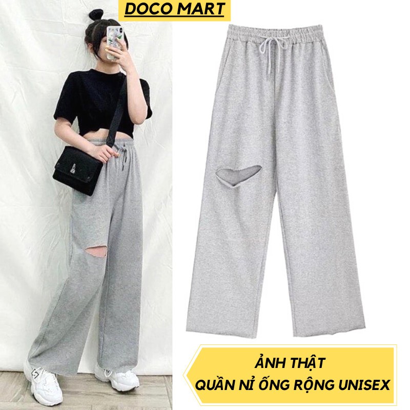 Quần Thun Dài 💙FREESHIP💙 Quần Baggy Cạp Cao Thun Dài Rách Đùi Unisex Siêu Hot