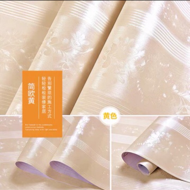 10 mét giấy dán tường khổ 45cm sẵn keo dán hoa văn 3D màu vàng