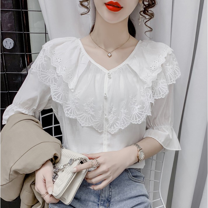 ÁO SƠ MI THIẾT KẾ REN CỔ CHỮ V | ÁO SƠ MI CỘC TAY 2021