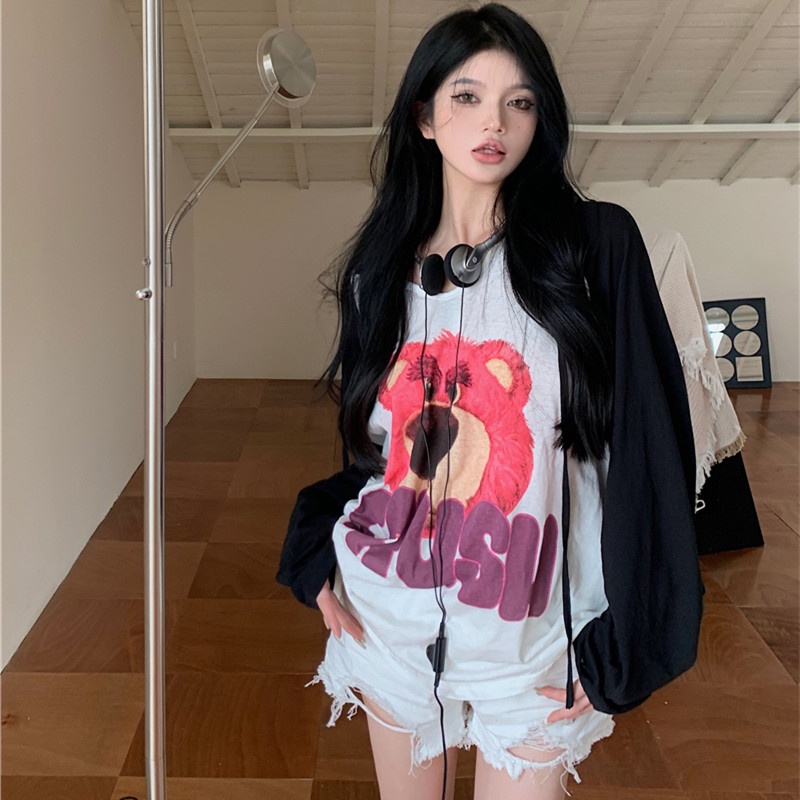 Áo Thun Hoodie Tay Dài Dáng Rộng In Hoạt Hình Dễ Thương