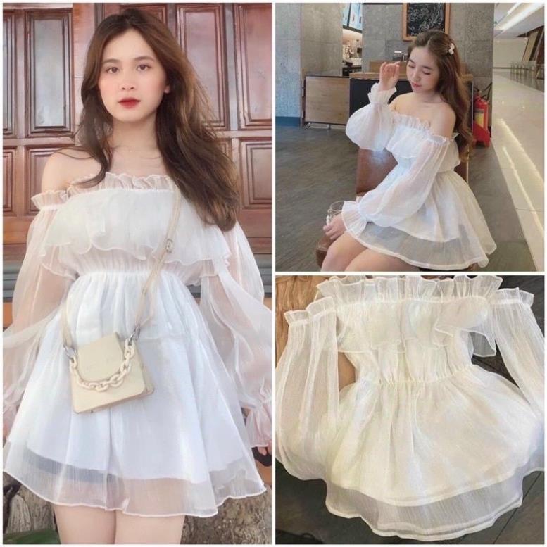 Áo Babydoll Trễ Vai Ngực Bèo Nhún Bèo-Áo Sơ Mi Kiểu 2 Lớp Chất Voan Lụa( Có Sẵn,, Ảnh Thật)
