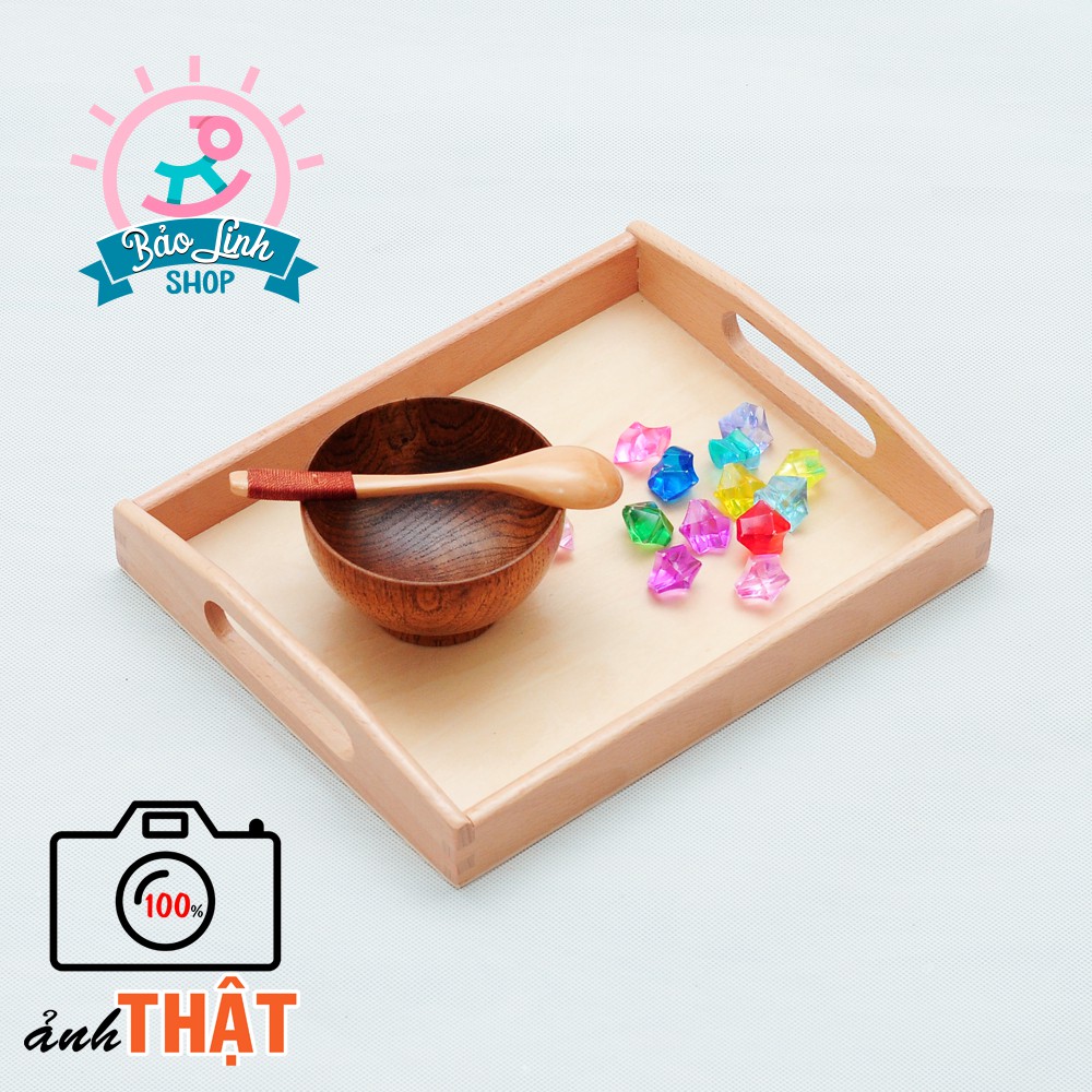COMBO Khay gỗ Montessori Size nhỏ, thìa gỗ, 2 bát gỗ| Giáo cụ thực hành cuộc sống cho bé