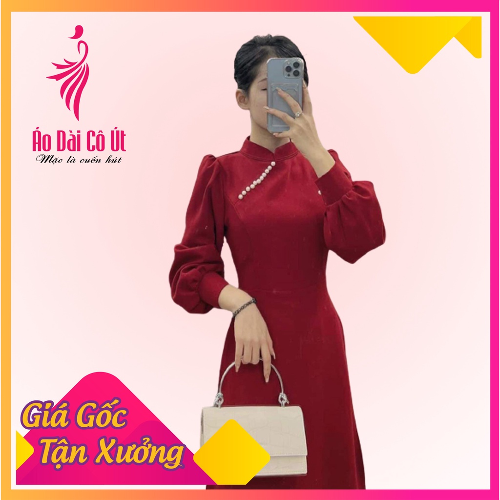 Áo dài cách tân nữ, tay dài bồng, đính ngọc, lụa tây thi mặc đi dự tiệc, cưới hỏi, lễ tết