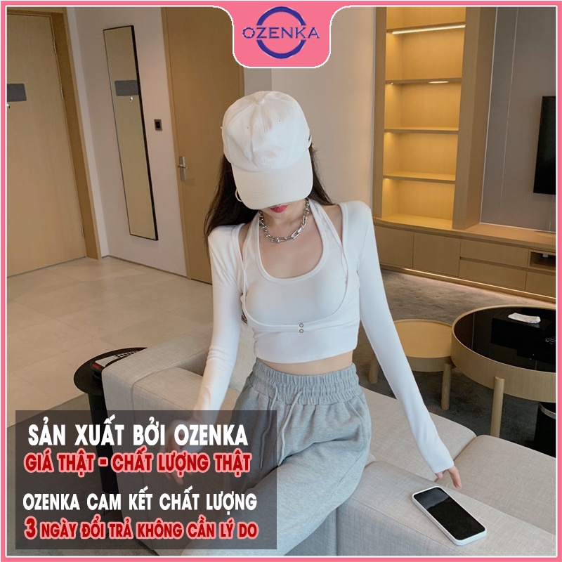 Áo thun croptop tay dài ôm body nữ OZENKA , crt len tăm cotton đẹp màu đen trắng free size dưới 50kg