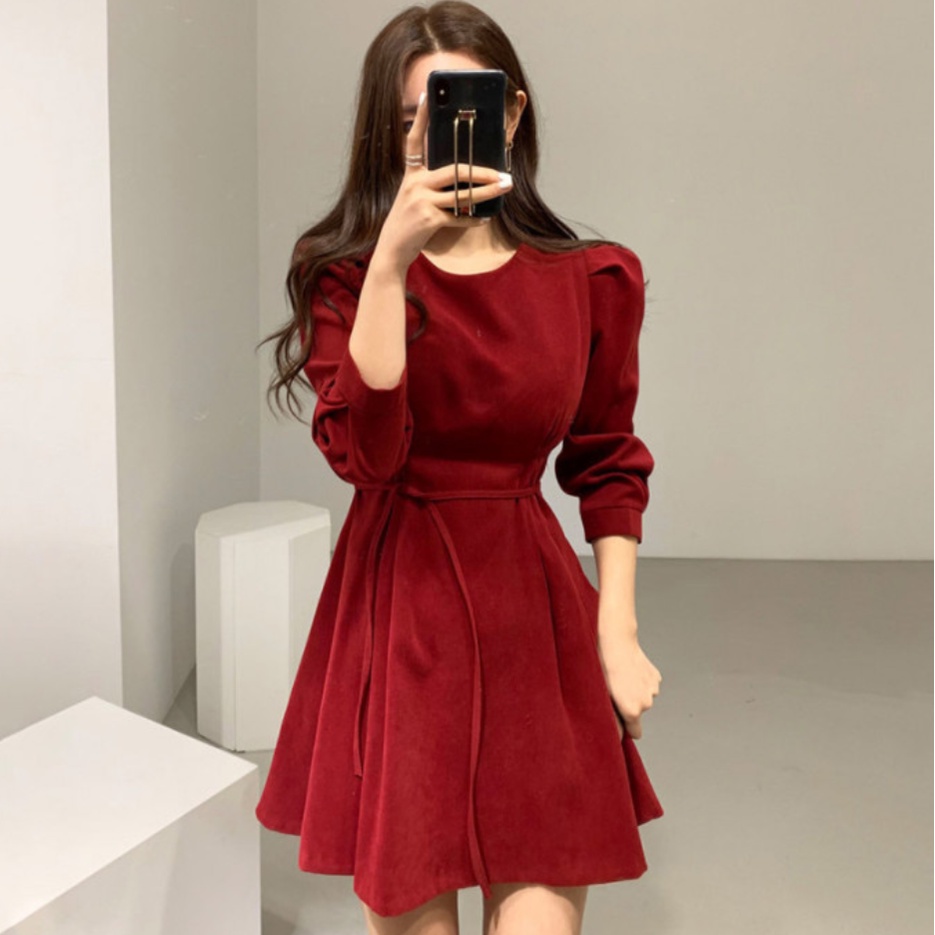 Đầm Đỏ Phong Cách retro Thời Trang Thu Đông Sành Điệu Dành Cho Nữ 2021