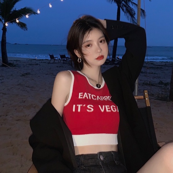 【ZHELIHANGFEI】 / Áo Thun Thể Thao Sát Nách Ôm Dáng Hở Rốn Bằng Lụa Lạnh In Chữ Phong Cách Hong Kong Quyến Rũ Cho Nữ