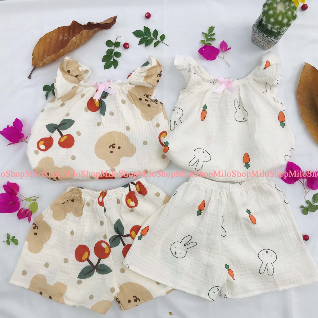 Đồ bộ quần áo cho bé gái hai dây kèm quần vải xô Muslin (6-12kg)