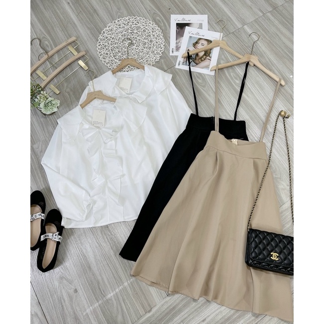 SET YẾM CHÂN VÁY DÀI MAXI XÒE MIX ÁO SƠ MI CỔ BÈO DÀI TAY ĐIỆU ĐÀ SIÊU XINH XẮN