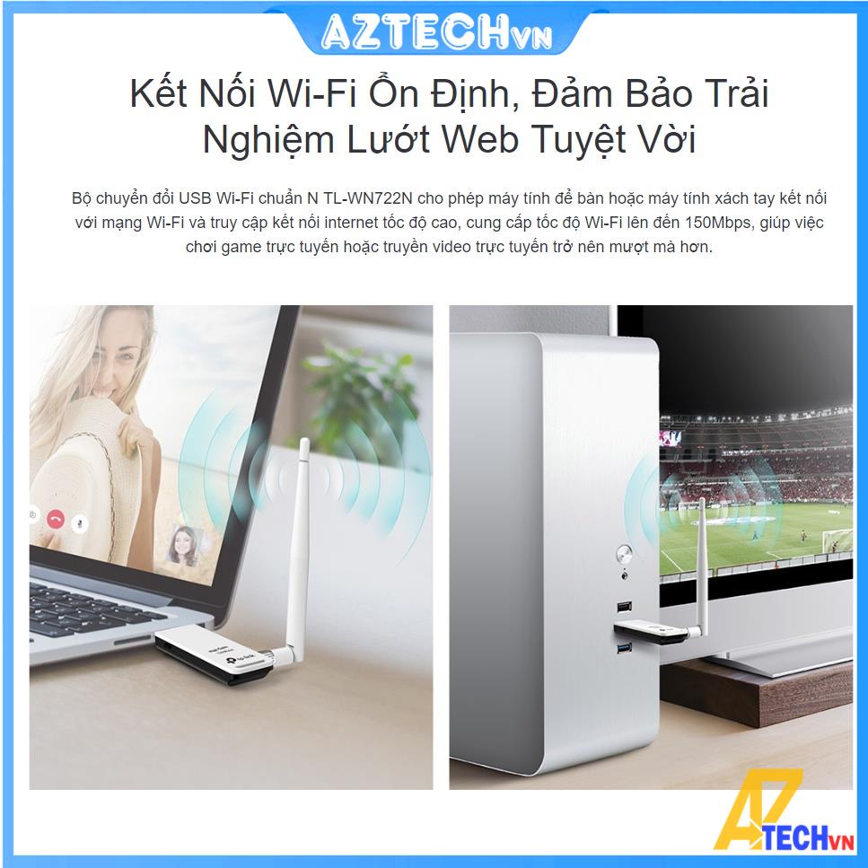USB Thu Sóng WiFi cho máy tính - laptop tốc độ 150Mbps TP-Link TL-WN722N Chính Hãng