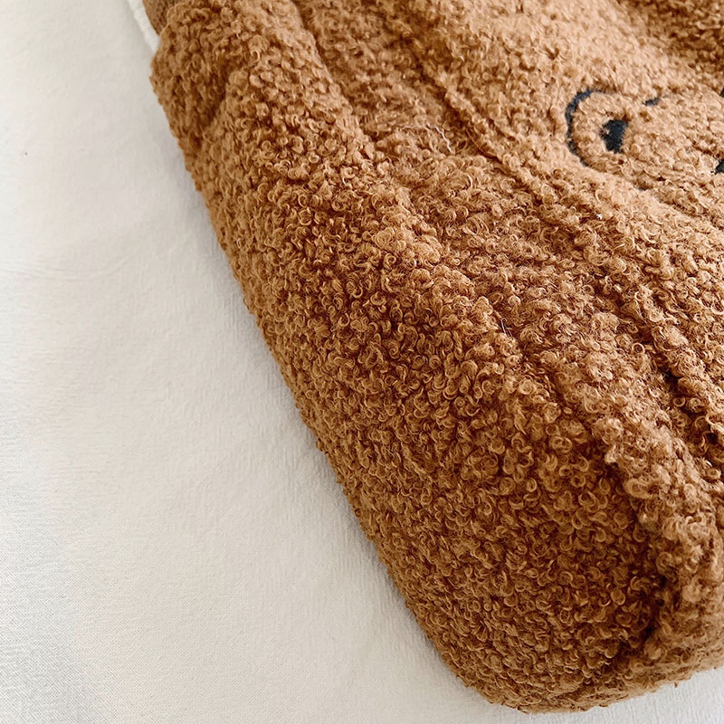 Túi Tote Đeo Chéo Nữ Cute Hình Thêu Gấu Dễ Thương Vải Lông Mềm Cỡ Lớn