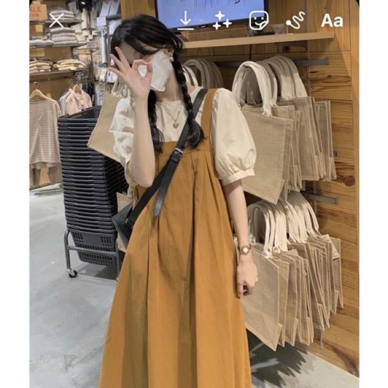 Set đầm hai dây kiểu maxi dài nữ chiffon xoè babydoll phồng kèm áo vintage tay phồng cổ tròn tiểu thư - Order taobao