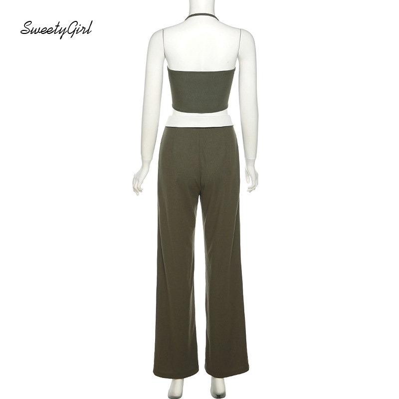 Set Áo Cổ Yếm Không Tay + Quần Dài Lưng Cao Màu Xanh Lá Trơn Thời Trang 2022 Cho Nữ