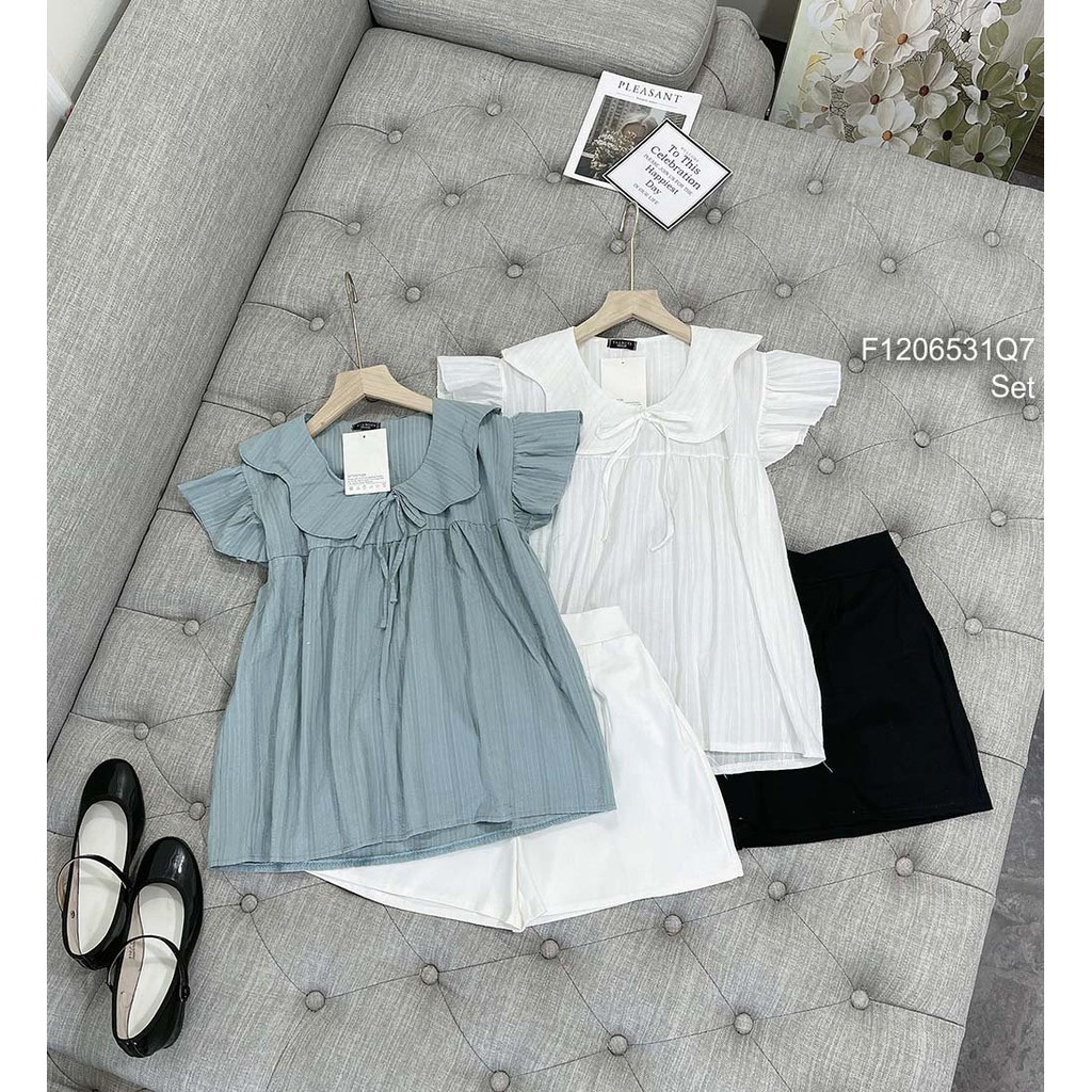 Set áo sơ mi kiểu cổ cách điệu tay bèo cánh tiên phối quần short hàng QC!
