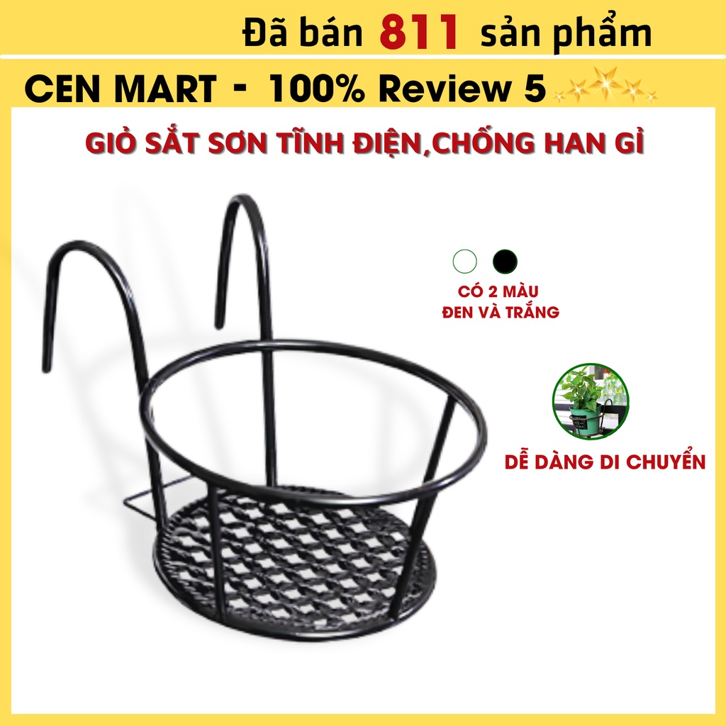 Giỏ Sắt Treo Hoa Ban Công Cen Mart Nhỏ Gọn Màu Trắng Đen 300g Dễ Dàng Di Chuyển, Sơn Tĩnh Điện Chống Han Gỉ