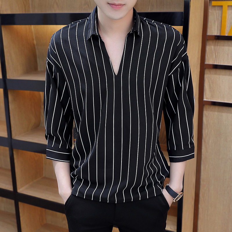 Áo sơ mi tay lửng họa tiết kẻ sọc trắng đen phong cách Hàn Quốc size S-3XL