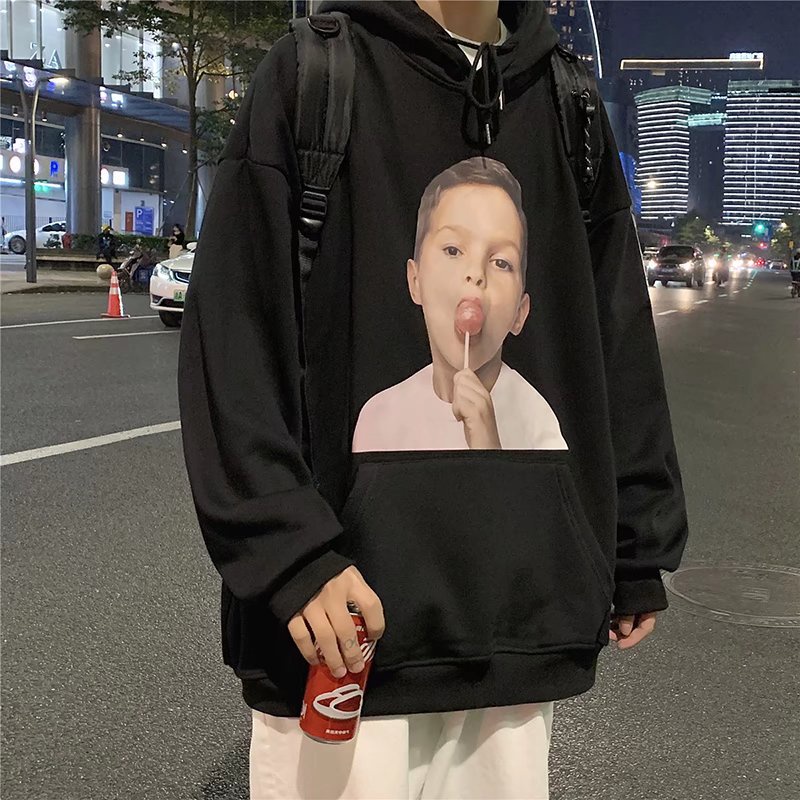 Áo hoodie dáng rộng in họa tiết đơn giản thời trang mùa thu cho nam