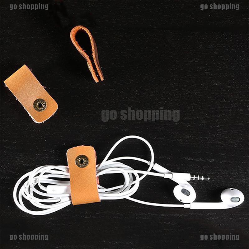 {go shopping}Brown Leather Headphone Earphone Cable Tie Cord Organizer Wrap Winder Holder