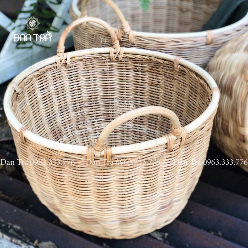 Sọt Mây Tròn Quấn Khung, Sọt Đựng Đồ Song Mây Có Quai Xách, Decor Mây Tre ĐAN TRÀ, Nội Thất Mây Tre Đan