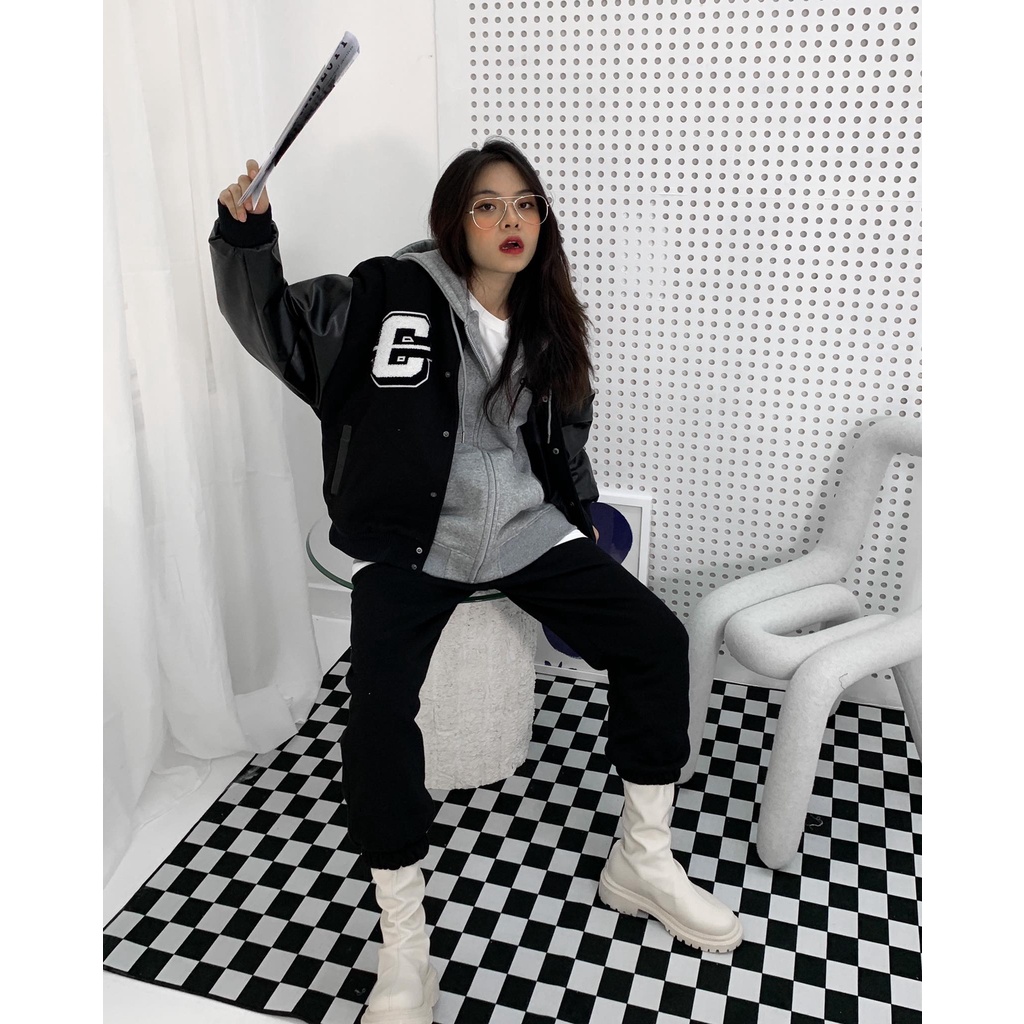 ÁO VARSITY JACKET CHUBBIE chất liệu dạ dày dặn phối tay da, hình thêu xù - CHUBBIE VARSITY JACKET