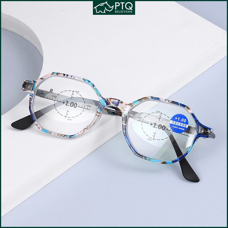 Kính Đọc Sách PTQ Tròng Đa Giác Chống Ánh Sáng Xanh Xoay 360 Độ Thời Trang