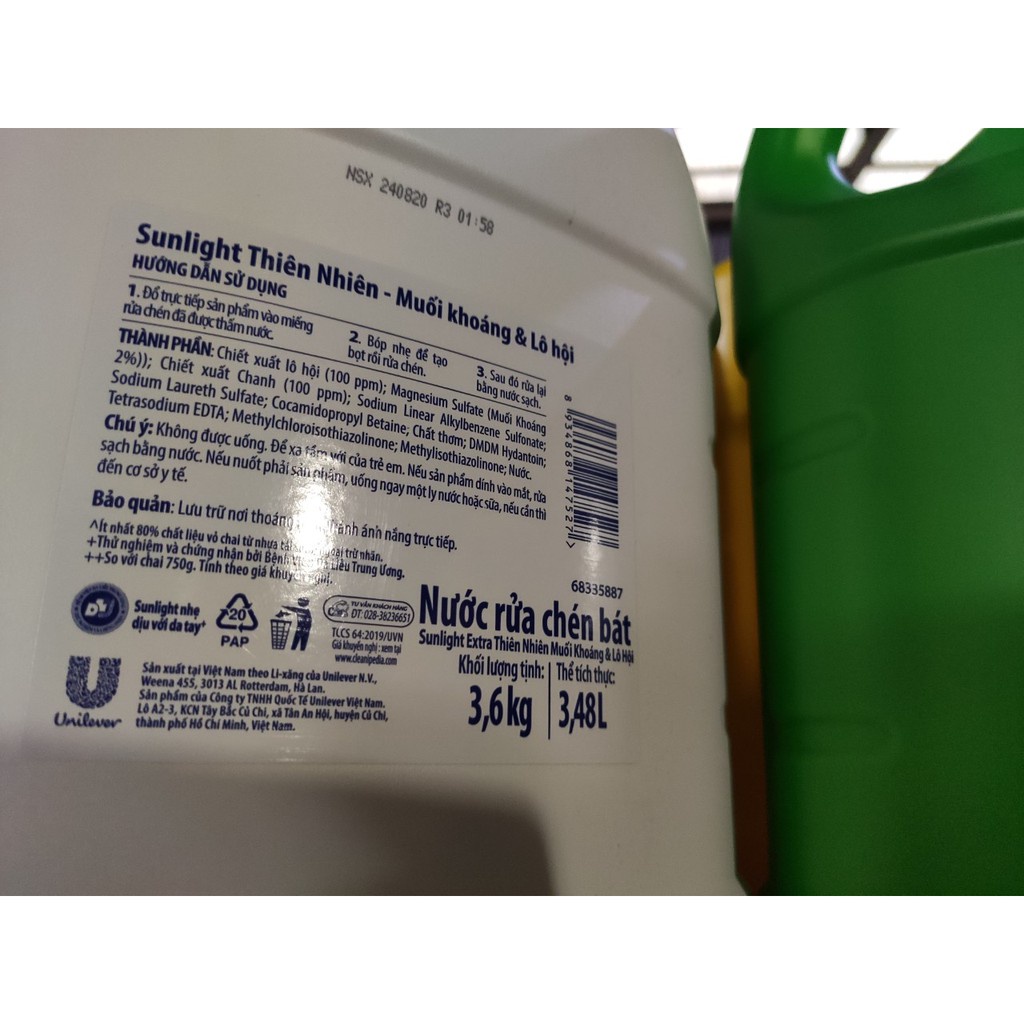 SUNLIGHT Nước rửa chén Trà Xanh, Muối Khoáng Lô Hội Trắng Can 3.6kg 3.6 kg