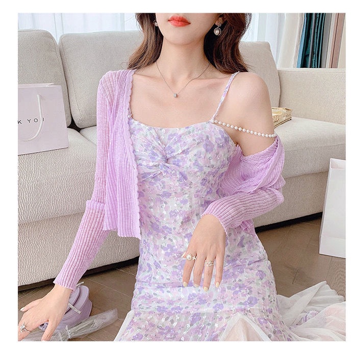 2021 new skirt French design sense of minority wear fishtail purple broken flower suspender dress for women in summer