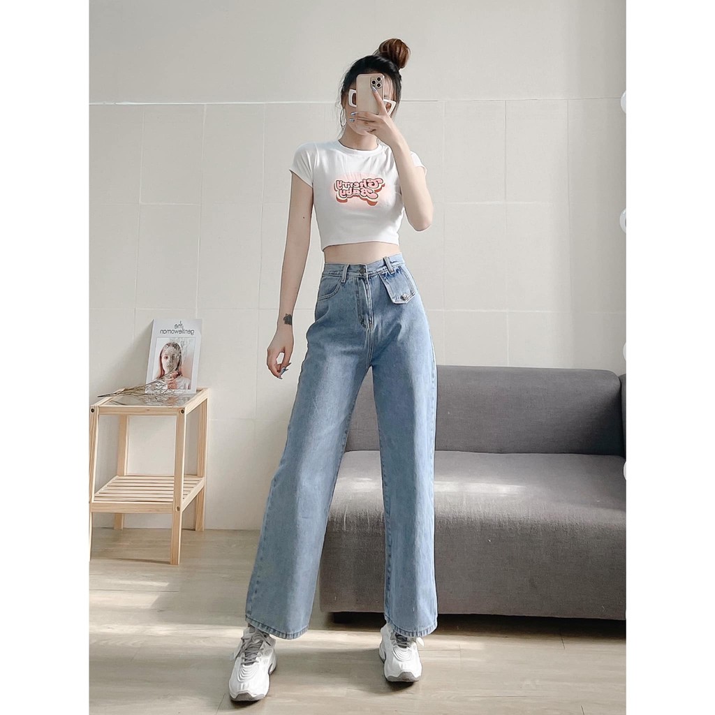 Quần jean nữ quần jean ống rộng suông TÚI NẮP 154 CHIBEST JS154